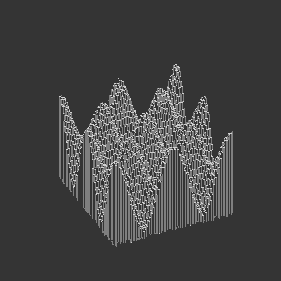 A looping, four second animation of a series of tightly packed vertical bars set in a square formation, of which the height creates a series of sinusoidal waves. The bars alternate quick random vertical movement that looks like tv static with phases of stasis where there's no randomness applied to their position and where their mathematical disposition is more evident.
