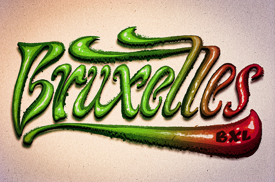 Lettering piece displaying the word Bruxelles in an art-nouvea-ish script style, with a heavy underline, green to red colours (like a chili pepper rippening), heavily textured paper background, lots of hand-drawn reflections and the word BXL (styled like a graffiti tag) written on the underline.