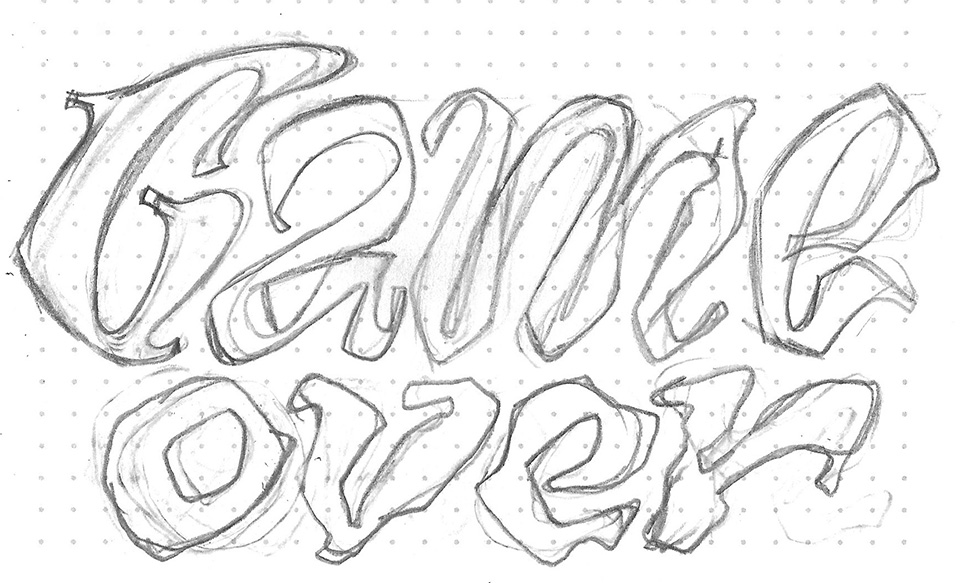 Black and white graphite pencil sketch featuring the words 'game over' on a dotted white background..