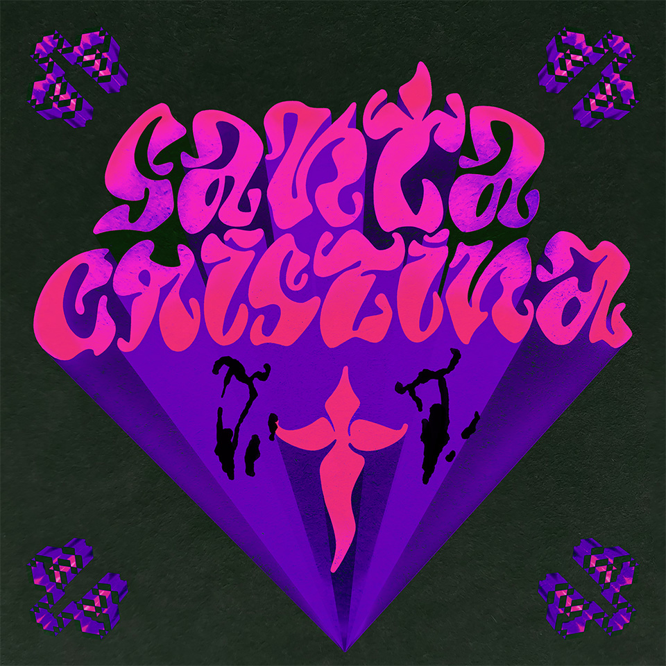 Sign reading Santa Cristina in a highly decorative font, with a typographic dagger below in the shape of a cross and two fangs on either side of the dagger with a little bit of blood. In the corners there are 3D ornaments that look like embroidery.