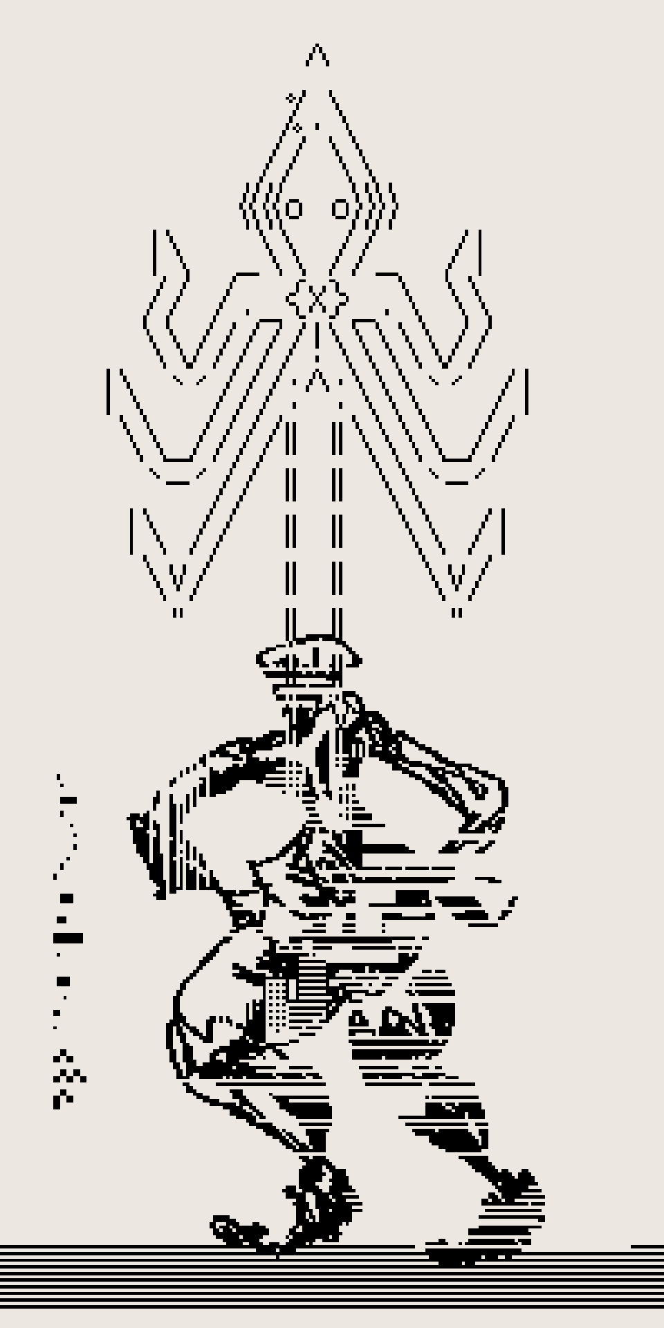 A pixelated ASCII art depiction of a squid superposed to a heavily glitched picture of a human-like figure with a squid head and ample buttocks, two tone pixel illustration in black and warm grey.