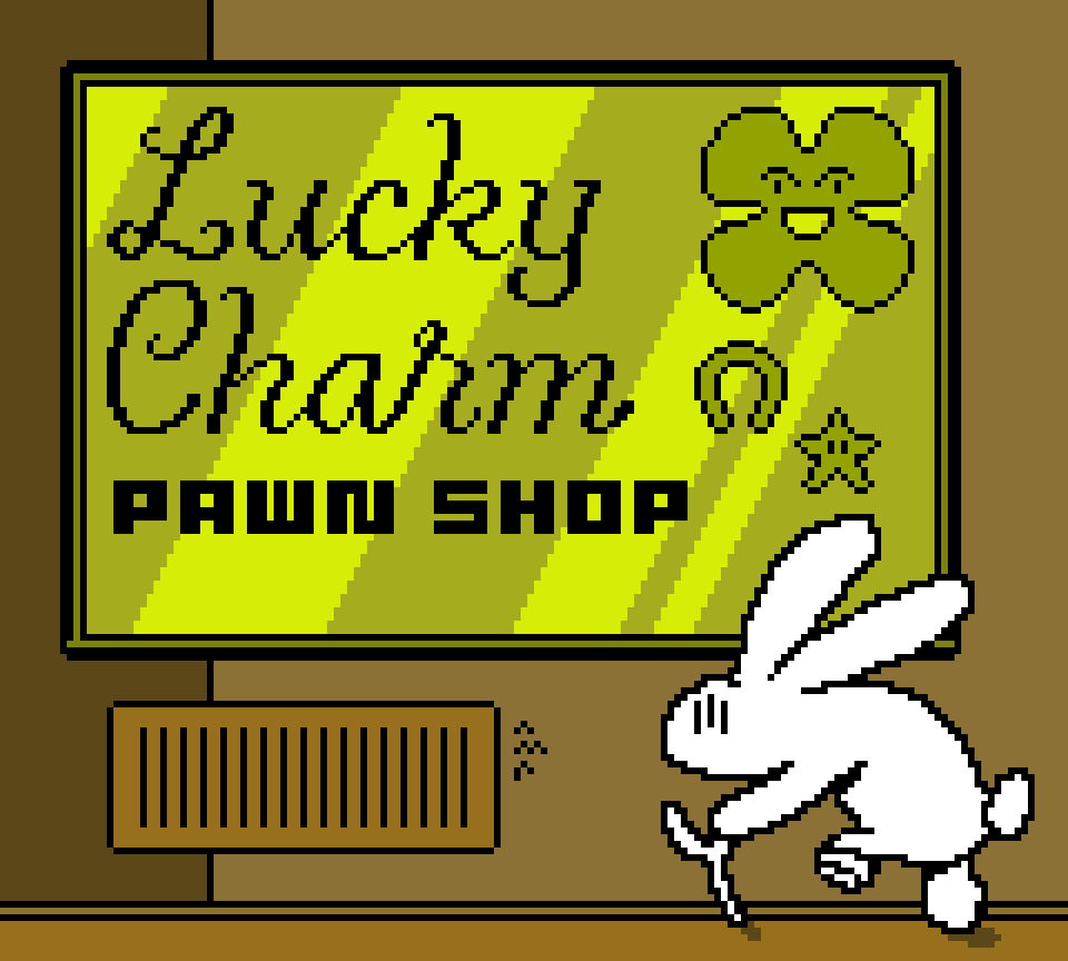 A low pixel picture of a cartoon bunny with an amputated leg and a crutch in front of a shop window that reads 'Lucky Charm Pawn Shop' written in fancy letters alongside some pictures of amulets (a four leaf clover, an iron horseshoe, a star). The rabbit looks appalled.