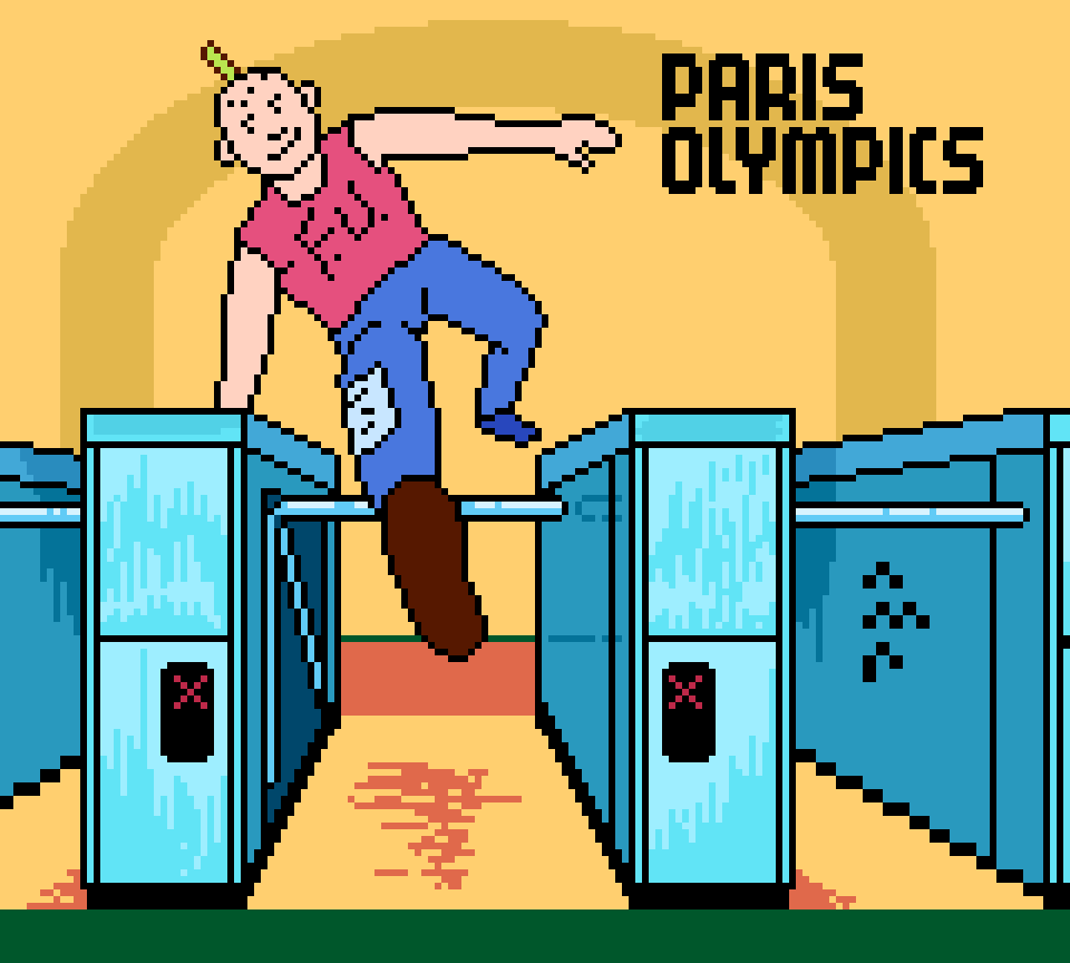 Pixel art detailed illustration of a punk-looking character jumping over a turnstyle at the Paris metro, a lettering saying 'Paris Olympics' can be seen on the left.