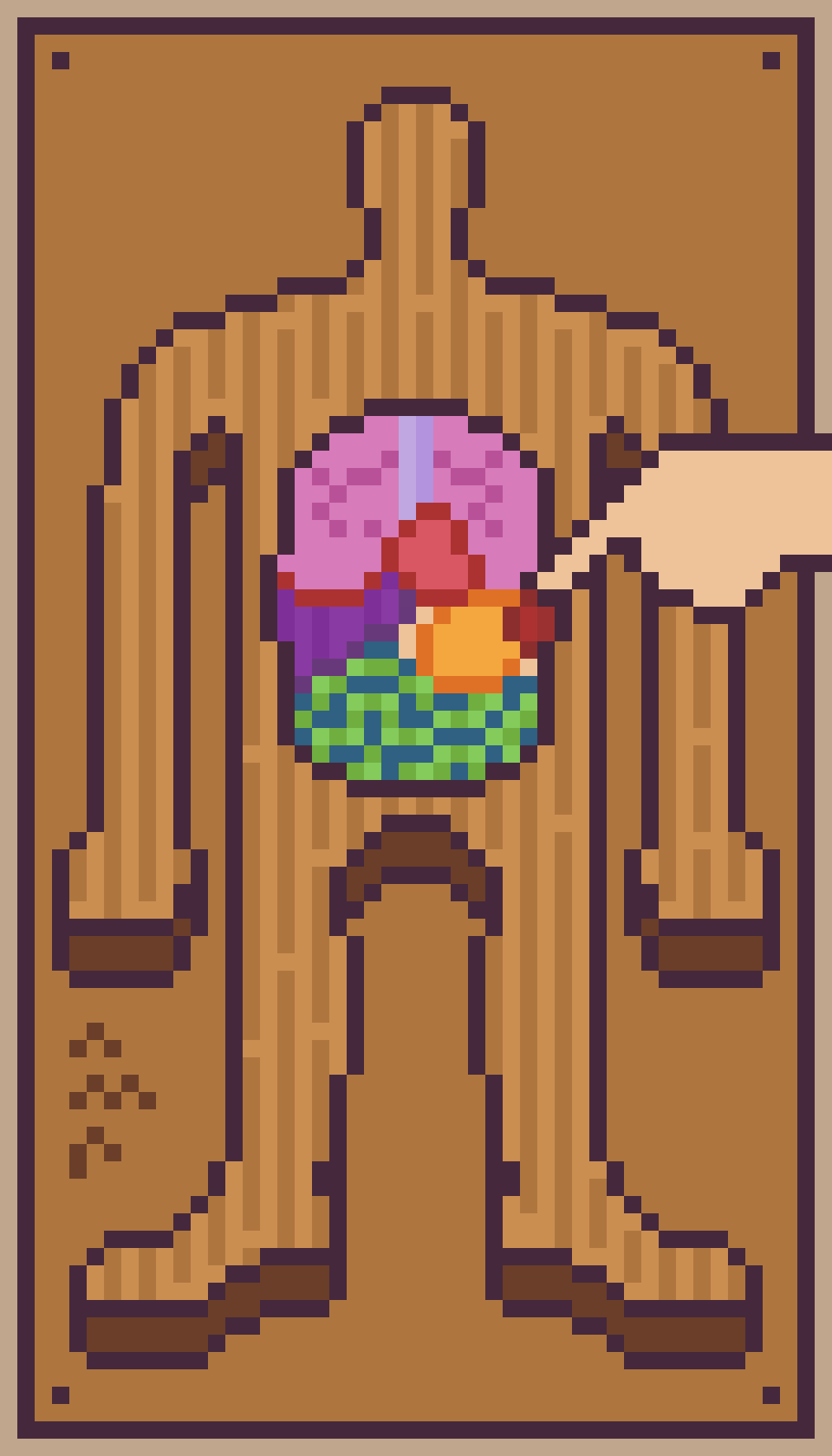 A pixel art illustration of a wooden person with an opening in the chest showing colorful organs inside. A human hand is above the wooden man and poking at one of the organs (a kidney).