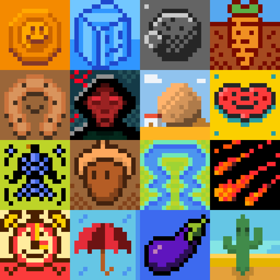 A series of 16 × 16 pixel drawings representing a colden coin with a smiley face, an ice cube grimacing, a planet with a satellite, a carrot staring at you, a horseshoe, a serious red character in a hood with red lightning on the background, a big ovoid boulder standing next to a tiny house, a smiling heart, a bird that looks like a dove, an acorn with eyes, the meander of a river, meteorites falling down to earth, an alarm clock with a face, an umbrella with raindrops, a purple eggplant and an exhausted cactus in the desert at midday.