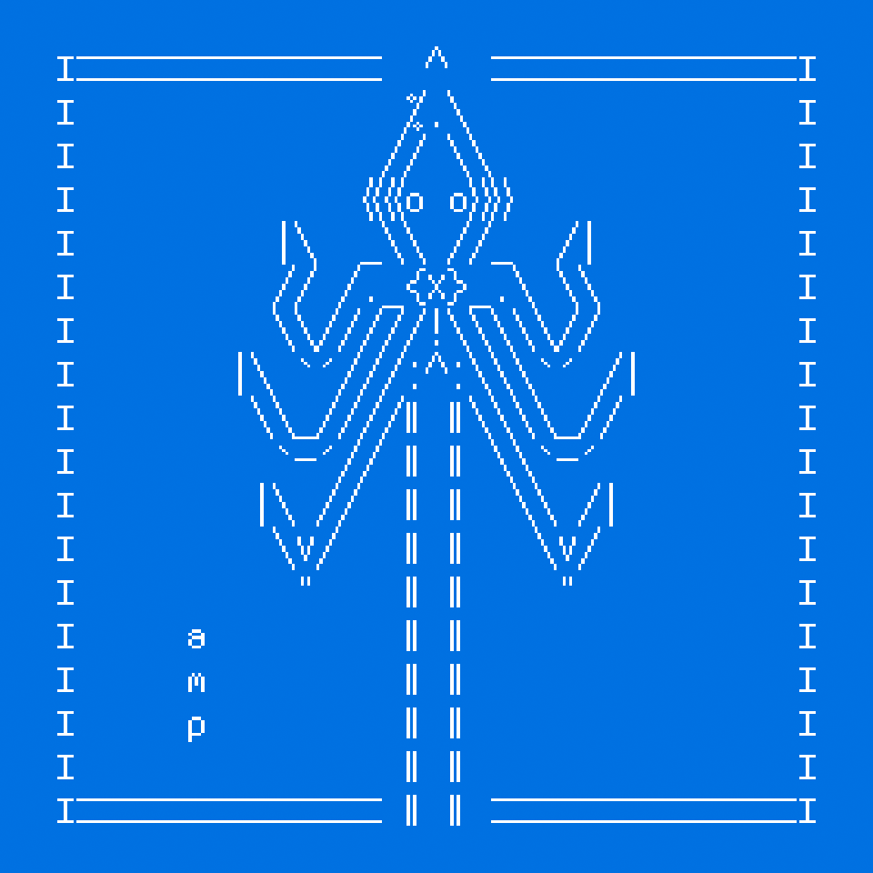 White on electric blue ASCII art illustration of a giant squid showing its evil beak which is shaped by an X letter.