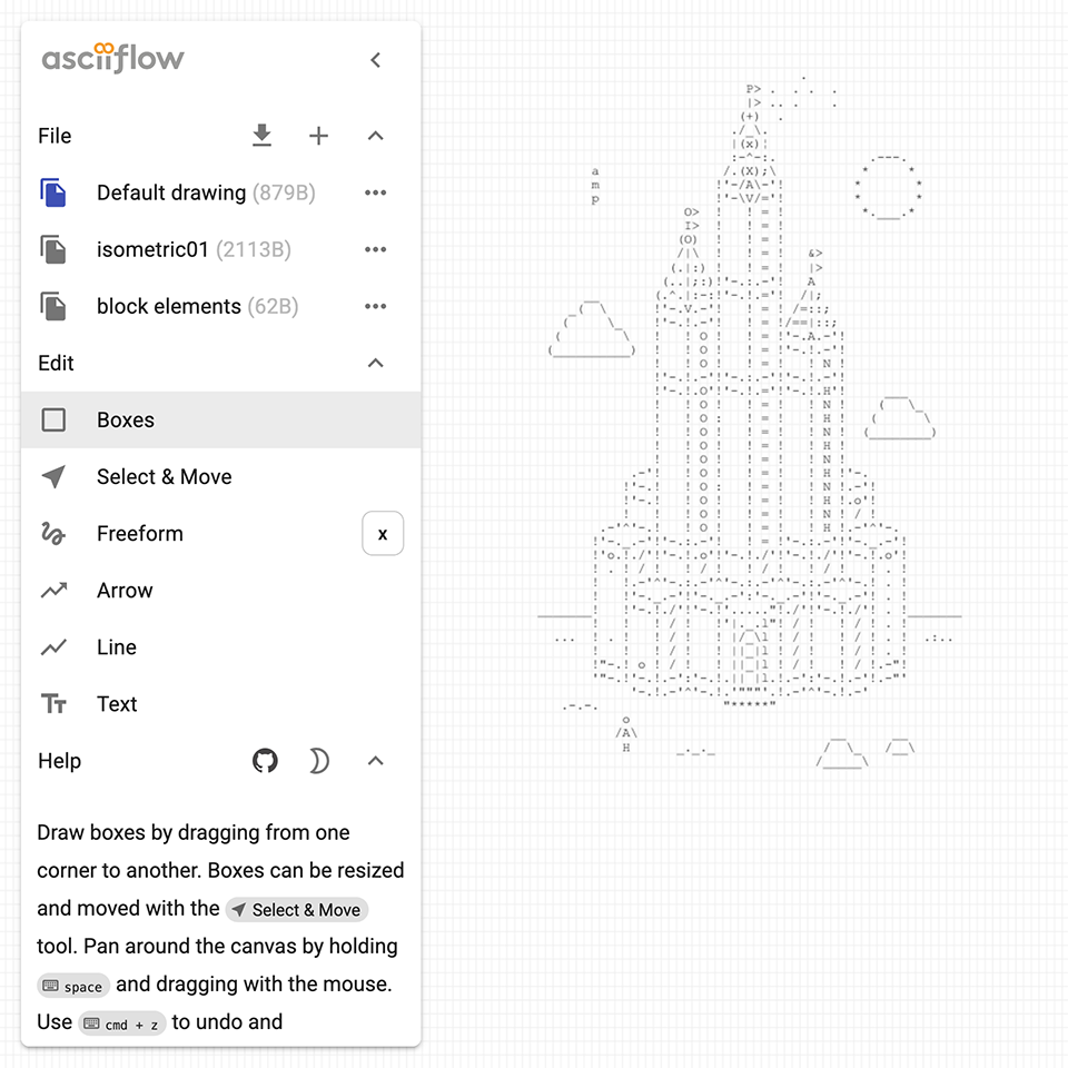 Complex ASCII art illustration of a castle inside of the web interface of the ASCII flow drawing tool.