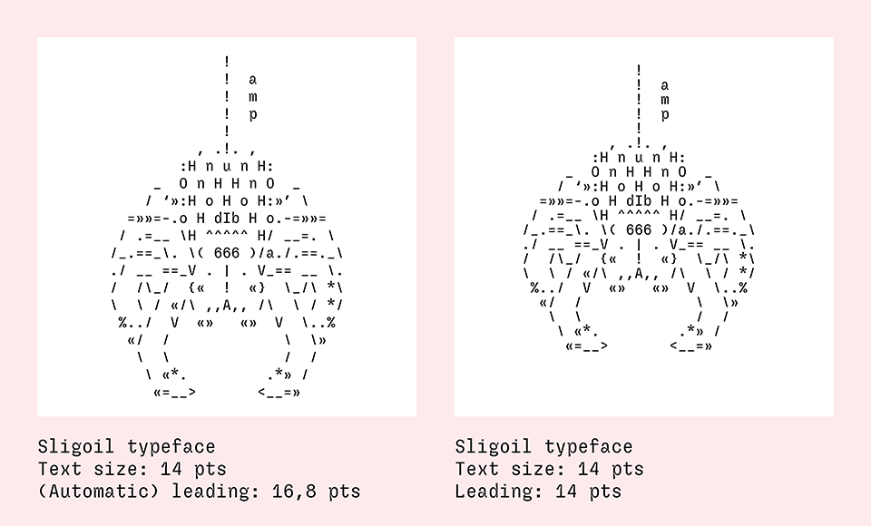 ASCII art illustration of a spider, repeated. The left one is loosely drawn because the leading is too large, the right one looks much more compact because the leading matches the font size. This is what we call square composition.